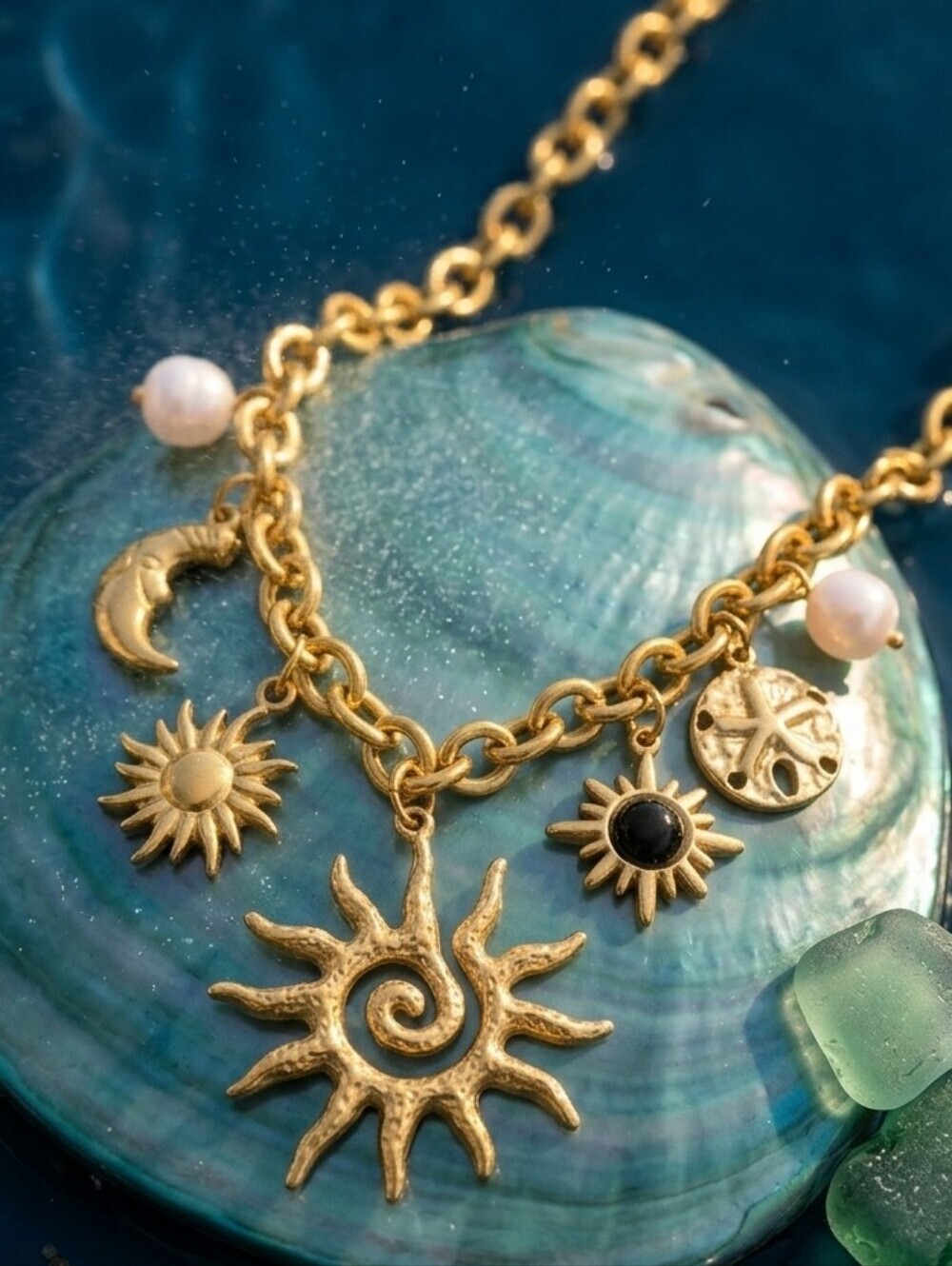 Boho Celestial 18K Gold Plated Sun Moon Charm Necklace 316L Stainless Steel